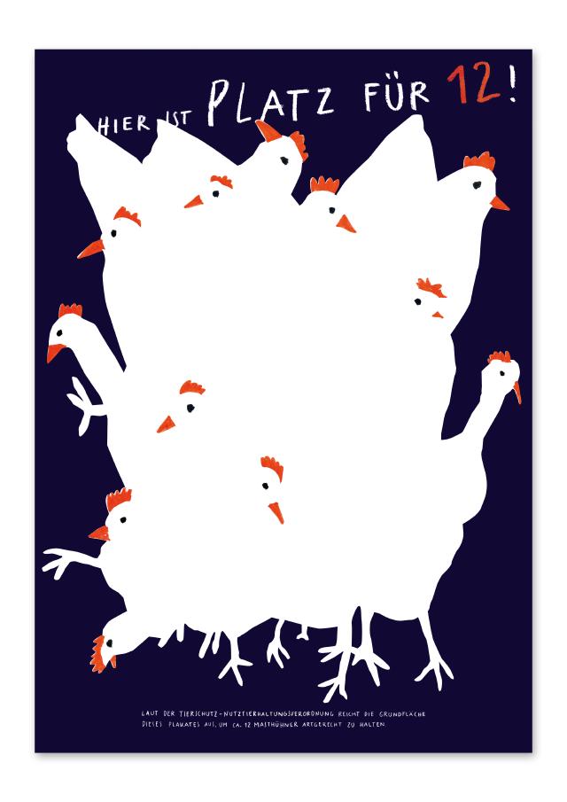 12 Hühner gequetscht auf einer A1 Plakatfläche